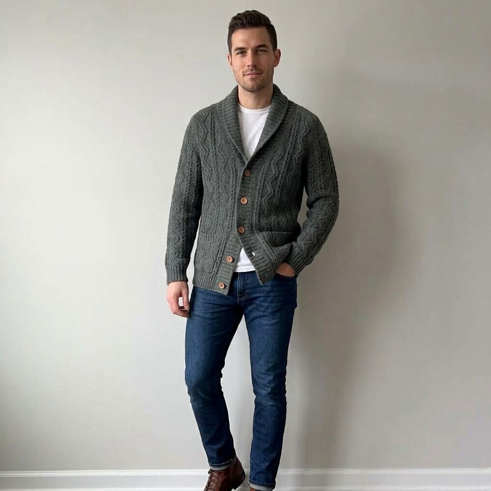 Wallace & Barnes Wool Cardigan Mens Small Green Shawl Collar Cable Knit Preppy